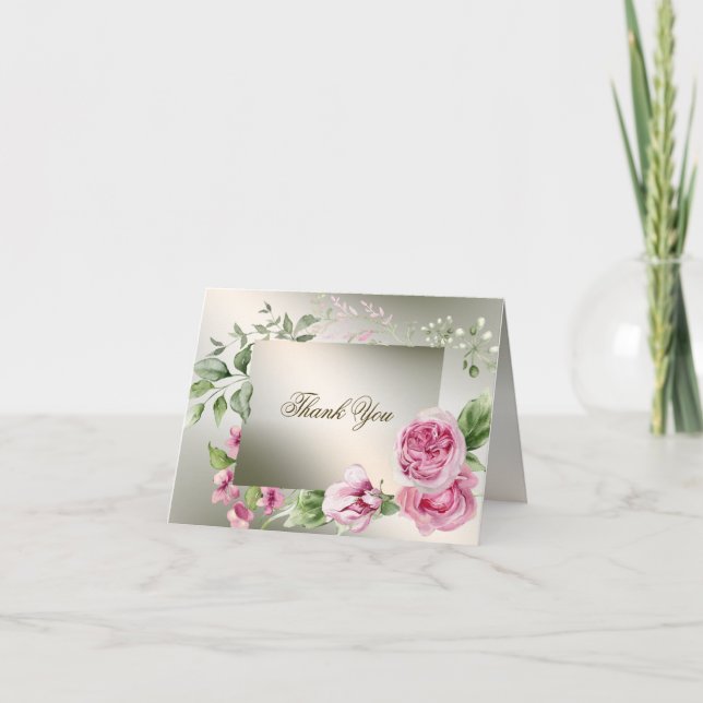 Aquarell Rosa Blumenrahmen Shiny Bronze Party Dankeskarte (Vorderseite)