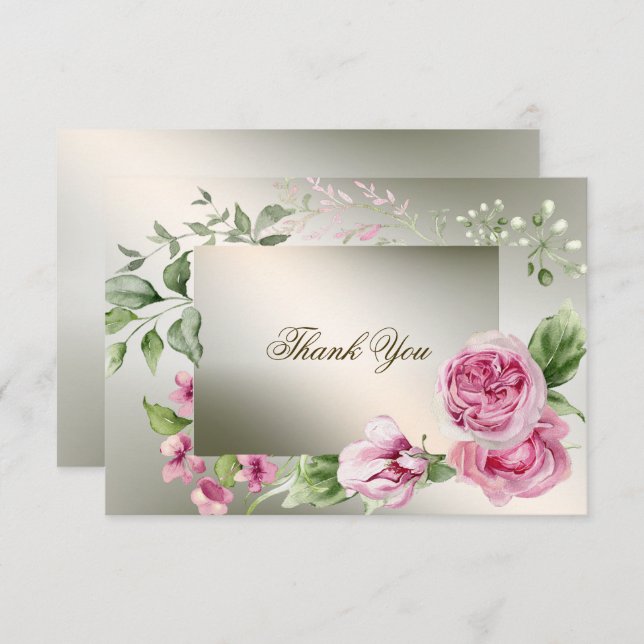 Aquarell Rosa Blumenrahmen Shiny Bronze Party Dankeskarte (Vorne/Hinten)
