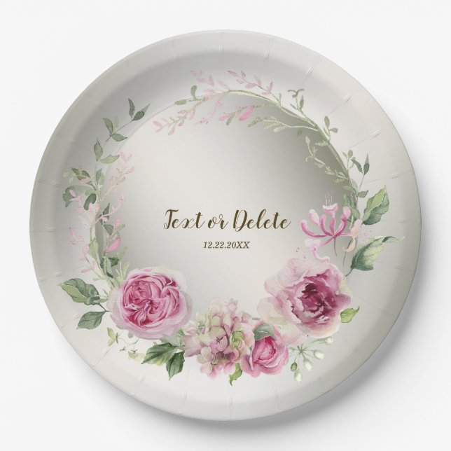 Aquarell Rosa Blumenrahmen Shiny Bronze Party Pappteller (Vorderseite)