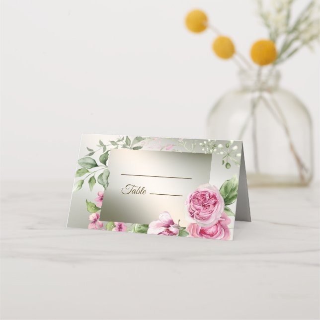 Aquarell Rosa Blumenrahmen Shiny Bronze Party Platzkarte (Vorderseite)