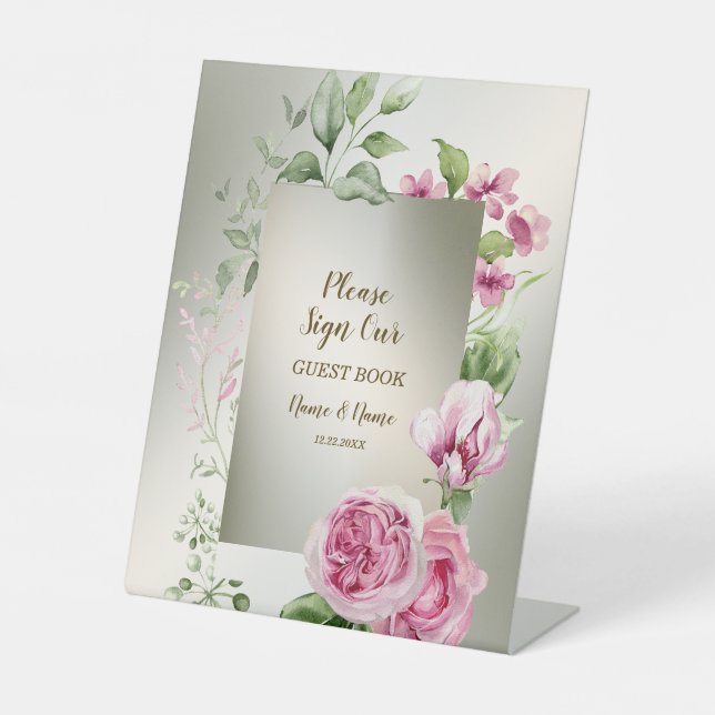 Aquarell Rosa Blumenrahmen Shiny Bronze Party Sockelschild (Vorderseite)