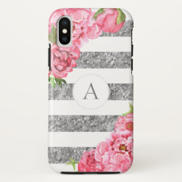 Aquarell-rosa Blumensilber stripes Monogramm Case-Mate iPhone Hülle