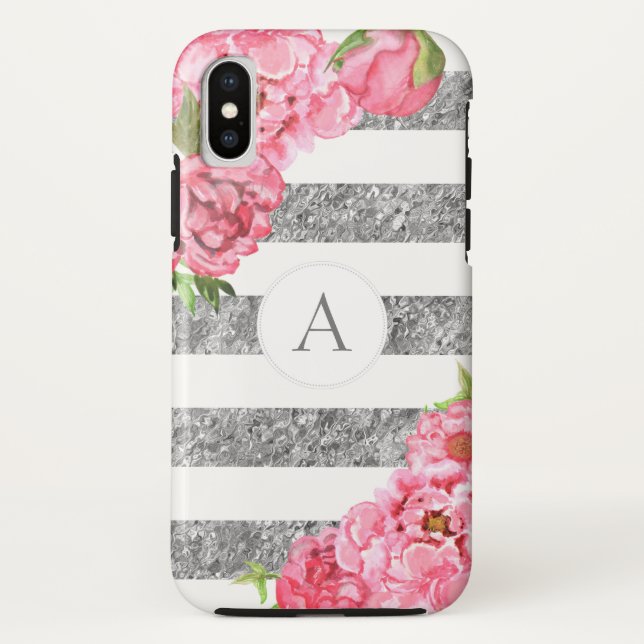 Aquarell-rosa Blumensilber stripes Monogramm Case-Mate iPhone Hülle (Rückseite)