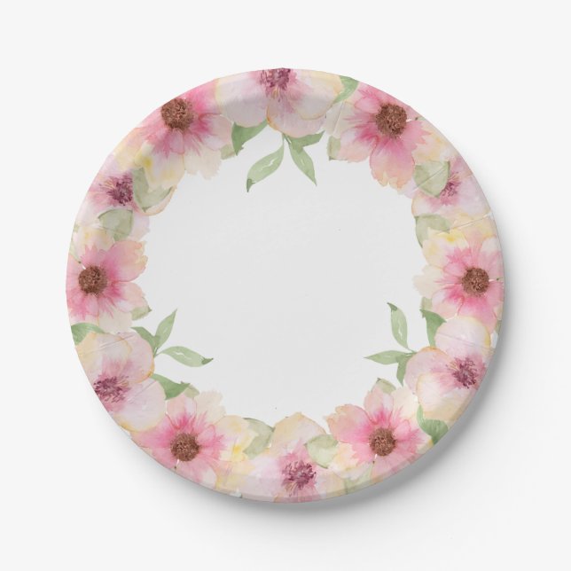 Aquarell-Rosa-Blush-Blumen Pappteller (Vorderseite)