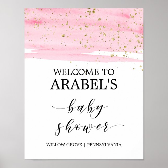 Aquarell Rosa Blush & Gold Baby Dusche Willkommen Poster (Vorne)