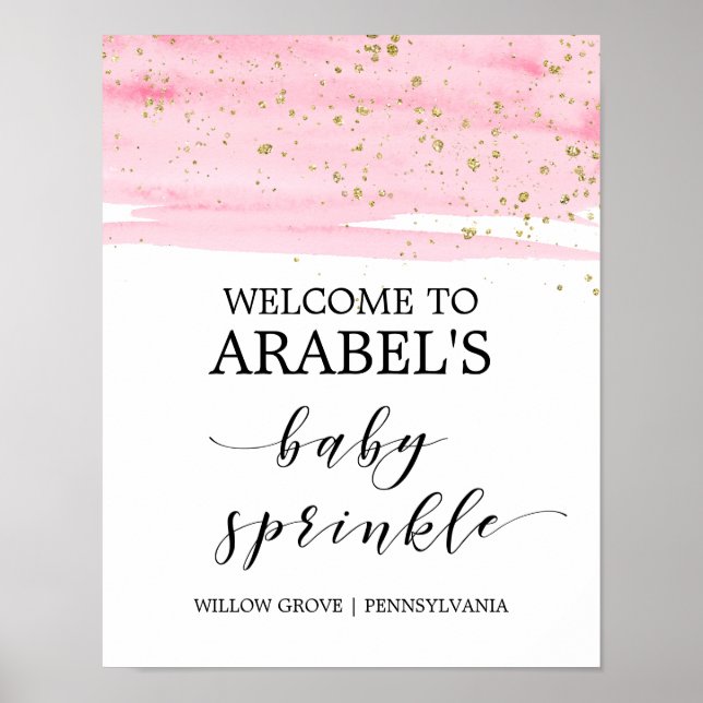 Aquarell Rosa Blush & Gold Baby Sprinkle Willkomme Poster (Vorne)