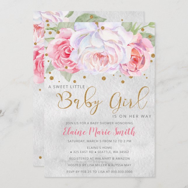 Aquarell Rosa Blush Gold Floral Girl Babydusche Einladung (Vorne/Hinten)