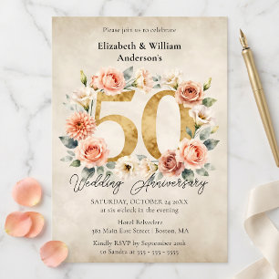 Aquarell-Rosa-Blüten-Gold 50. Hochzeitstag Einladung