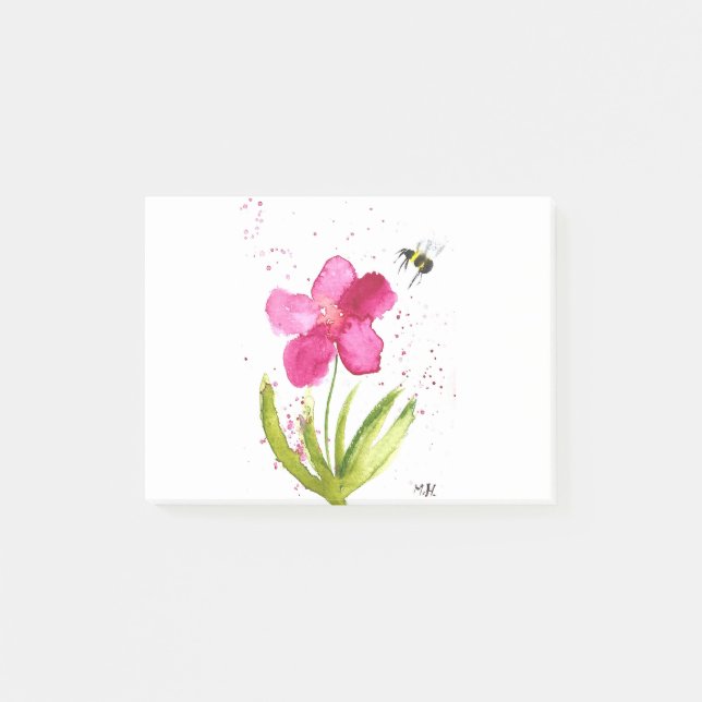 Aquarell rosa Blüten Hummel Post-it Klebezettel (Vorderseite)