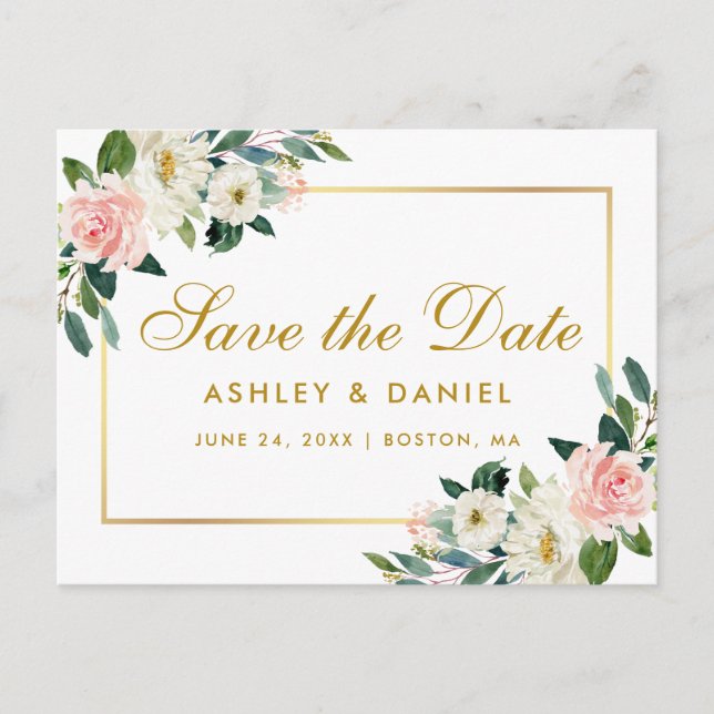 Aquarell Rosa Blütengoldfarben Save the Date Ankündigungspostkarte (Vorderseite)
