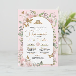 Aquarell Rosa Blütengoldschmetterling Quinceñera Einladung