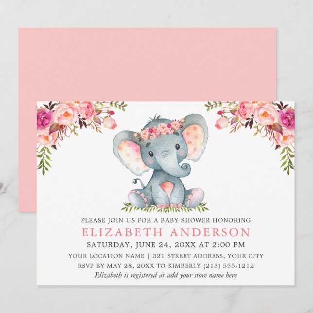 Aquarell Rosa Blütenlephant Babydusche Einladung (Vorne/Hinten)