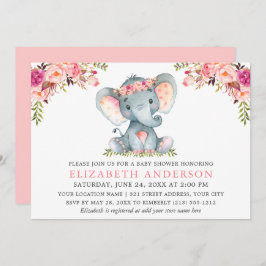 Aquarell Rosa Blütenlephant Babydusche Einladung