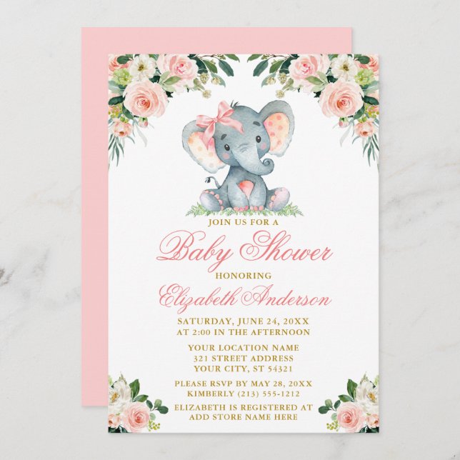 Aquarell Rosa Blütenlephant Bow Babydusche Einladung (Vorne/Hinten)