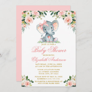 Aquarell Rosa Blütenlephant Bow Babydusche Einladung