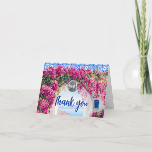 Aquarell-Rosa Bougainvillea-Blüten Blaue Fliesen Dankeskarte