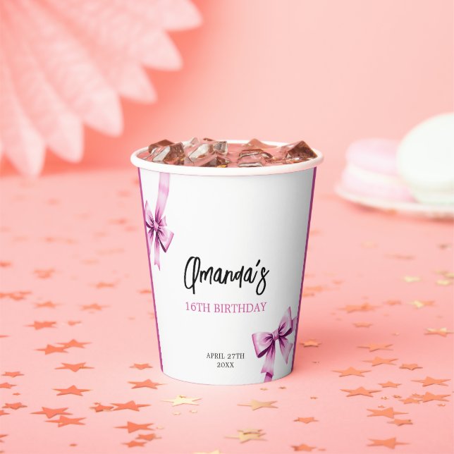 Aquarell Rosa Bows Coquette Sweet 16 Birthday Pappbecher (Insitu)