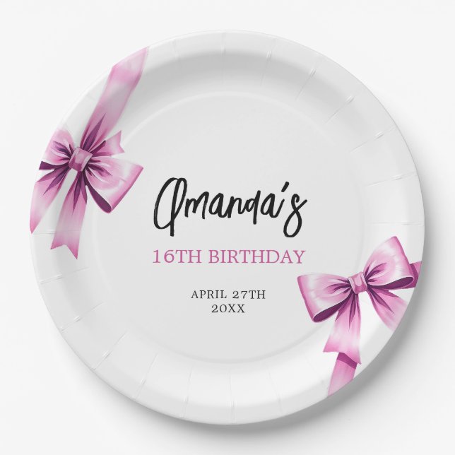 Aquarell Rosa Bows Coquette Sweet 16 Birthday Pappteller (Vorderseite)