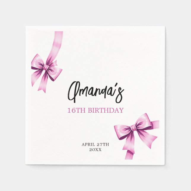 Aquarell Rosa Bows Coquette Sweet 16 Birthday Serviette (Vorderseite)
