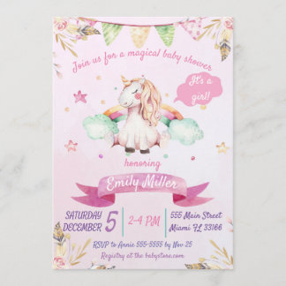 Aquarell Rosa Einhorn Kinderdusche Einladung