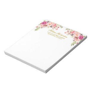 Aquarell-Rosa-Errötungs-Blumen-Gold-Personalisiert Notizblock