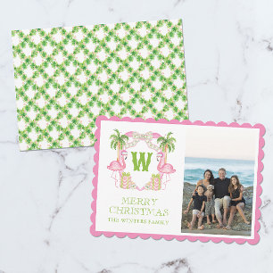 Aquarell-Rosa-Flamingo-Weihnachts-Monogrammwappen Feiertagskarte