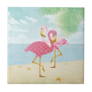 Aquarell-rosa Flamingos auf dem Strand Fliese
