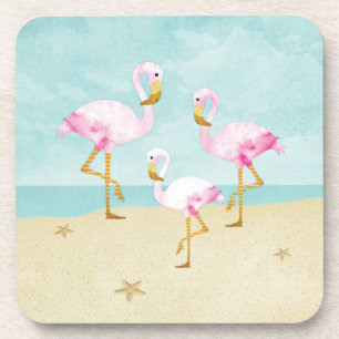 Aquarell-rosa Flamingos auf dem Strand Untersetzer