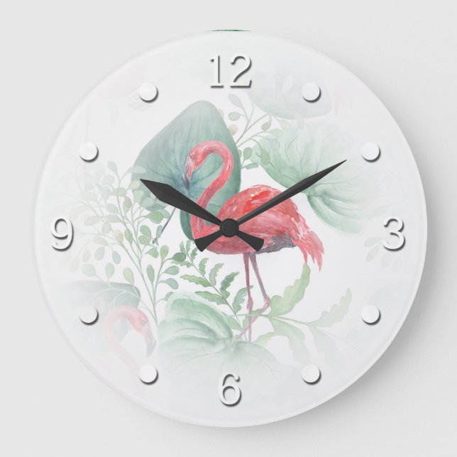 Aquarell Rosa Flamingos und Blätter. Große Wanduhr (Vorderseite)