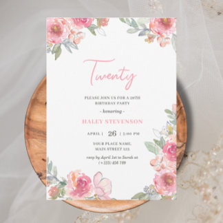 Aquarell Rosa Flora 20 Boho Chic Geburtstag Einladung