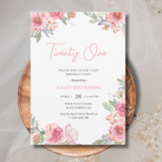Aquarell Rosa Floral 21 Boho Geburtstag Einladung