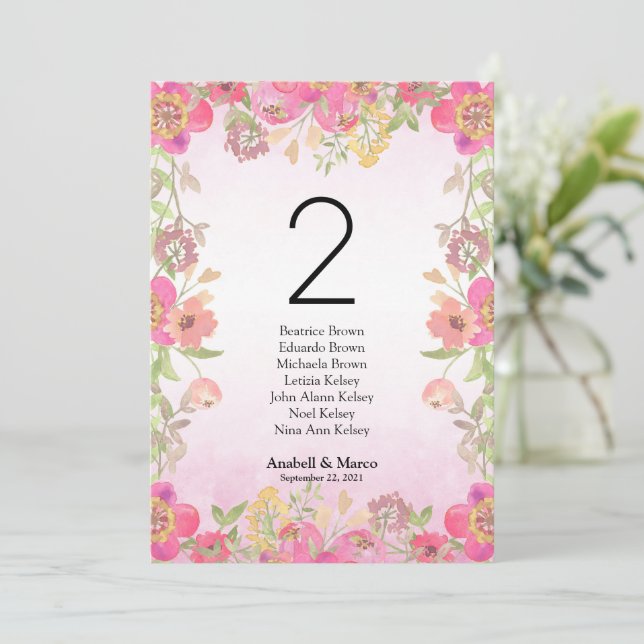 Aquarell rosa floral 5"x7" Tischnummer (Stehend Vorderseite)