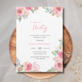 Aquarell Rosa Floral Dreißig Boho Chic Geburtstag Einladung
