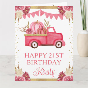 Aquarell-Rosa-Floral-Kürbis-LKW-Geburtstag Karte