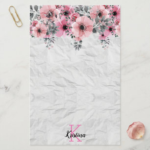 Aquarell-Rosa-Floral zerknitterte Textur-Monogramm Briefpapier