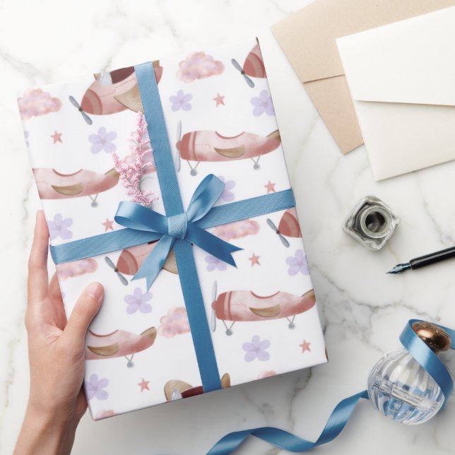 Aquarell-Rosa-Flugzeug Geschenkpapier (Schenken)