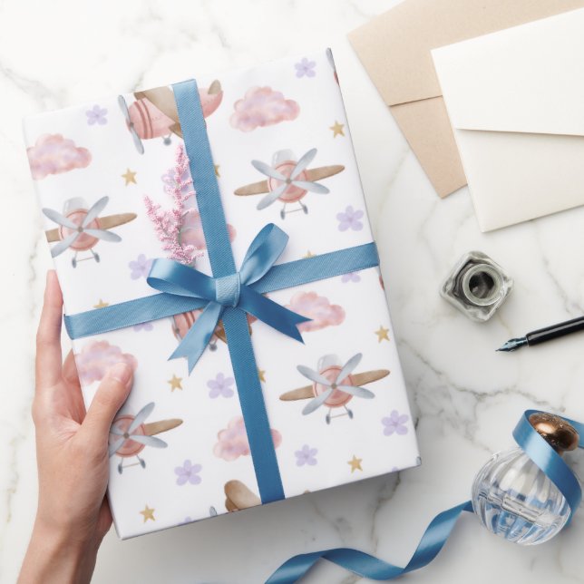 Aquarell-Rosa-Flugzeug Geschenkpapier (Schenken)