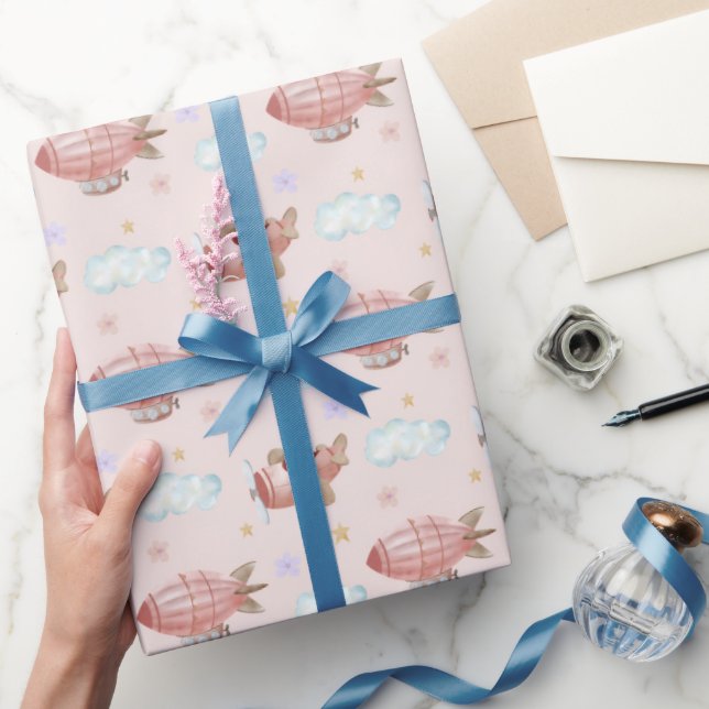 Aquarell-Rosa-Flugzeug Geschenkpapier (Schenken)
