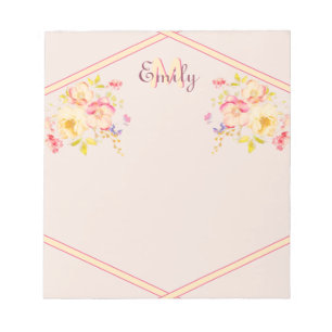 Aquarell Rosa Gelbe Rosen, Linien, Monogramm Notizblock