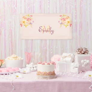 Aquarell-Rosa-Gelbe-Rosen, Monogramm Banner