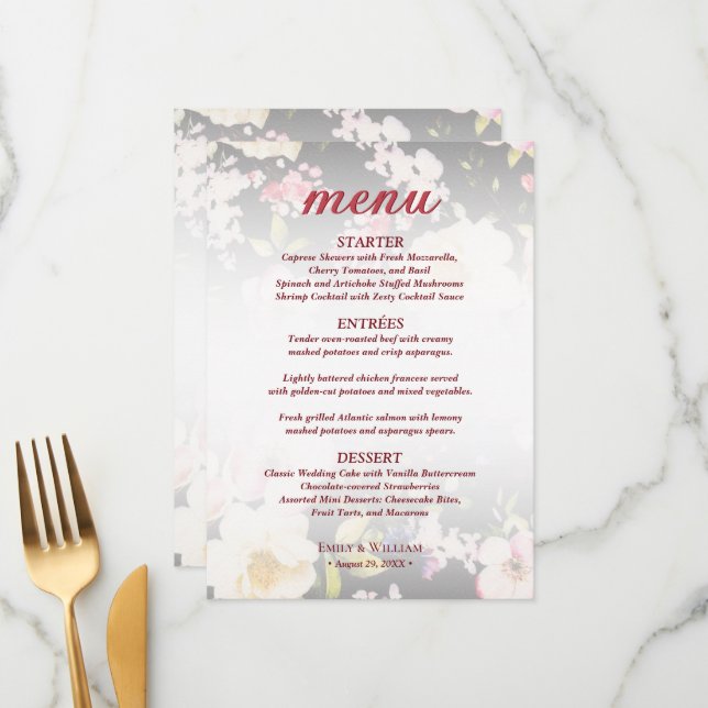 Aquarell Rosa Gelbe Rosen, schwarz verschwommen, H Menükarte (Vorderseite/Rückseite Beispiel)