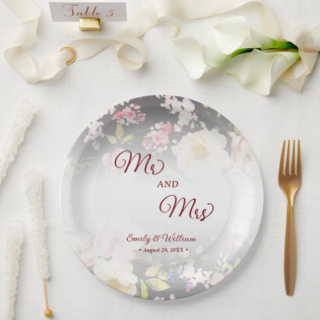 Aquarell Rosa Gelbe Rosen, schwarz verschwommen, H Pappteller (Hochzeit)