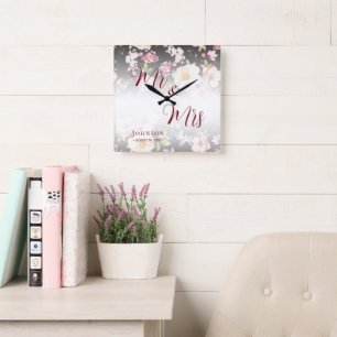 Aquarell Rosa Gelbe Rosen, schwarz verschwommen, H Quadratische Wanduhr