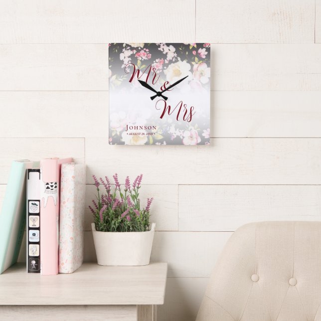 Aquarell Rosa Gelbe Rosen, schwarz verschwommen, H Quadratische Wanduhr (Lesesaal)