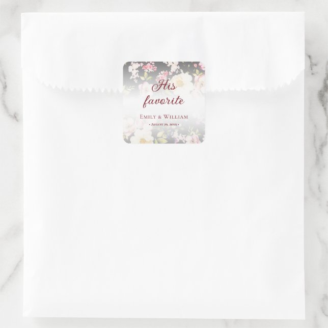 Aquarell Rosa Gelbe Rosen, schwarz verschwommen, H Quadratischer Aufkleber (Tasche)