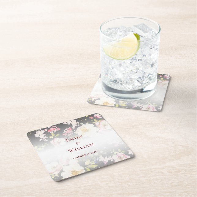 Aquarell Rosa Gelbe Rosen, schwarz verschwommen, H Rechteckiger Pappuntersetzer (Vor Ort)