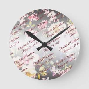 Aquarell Rosa Gelbe Rosen, schwarz verschwommen, H Runde Wanduhr