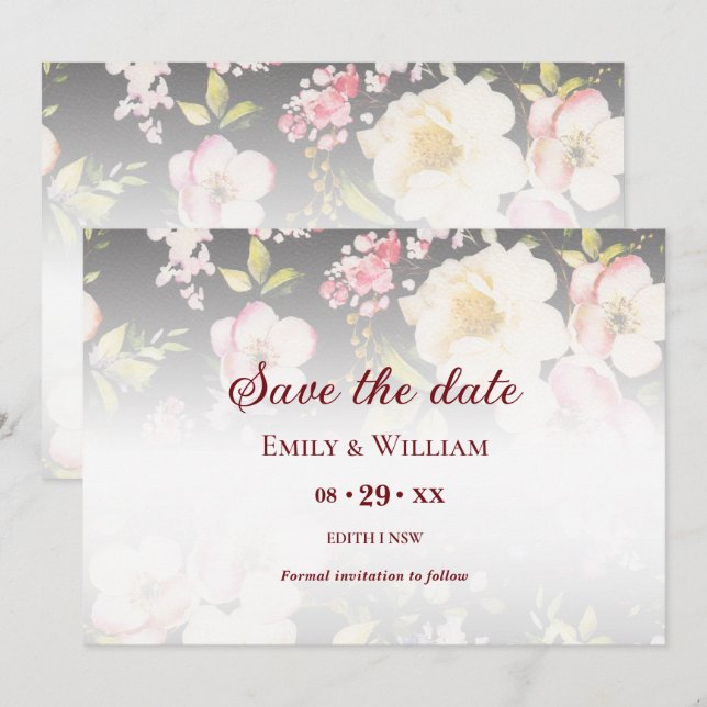 Aquarell Rosa Gelbe Rosen, schwarz verschwommen, H Save The Date (Vorne/Hinten)