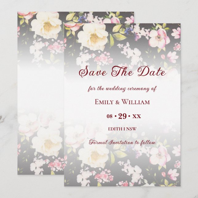 Aquarell Rosa Gelbe Rosen, schwarz verschwommen, H Save The Date (Vorne/Hinten)