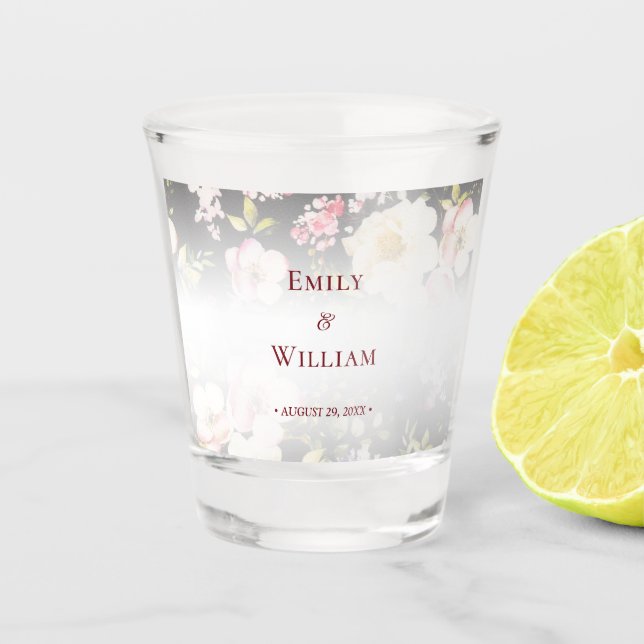 Aquarell Rosa Gelbe Rosen, schwarz verschwommen, H Schnapsglas (Vorderseite)